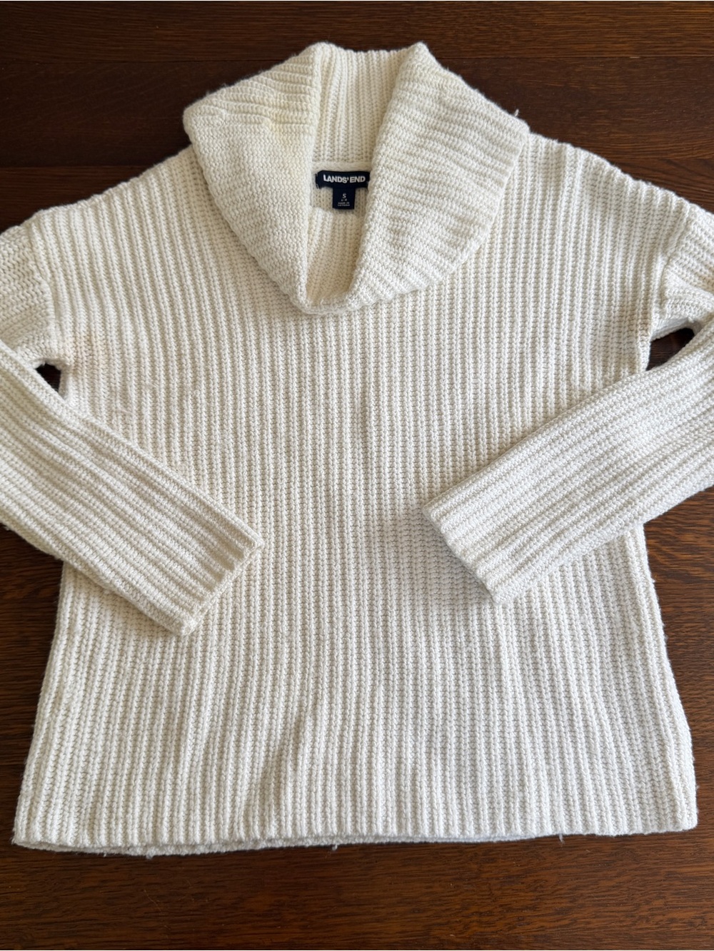 Lands' End Women's Cream Ribbed Shawl-Collar Sweater